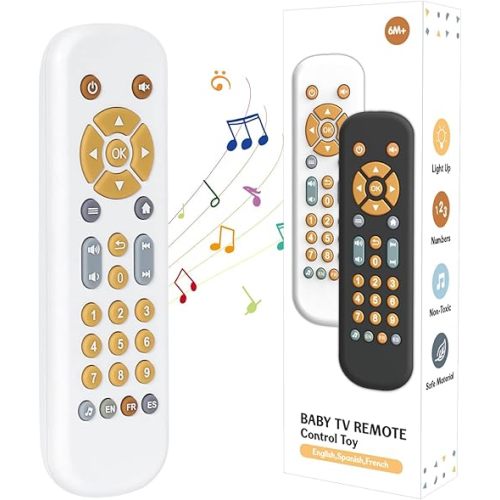 Orzbow Baby Remote Control Toy for 6 Months+ with Music, TV Remote Toy with Realistic Light and Sound - English, French and Spanish for Infant Play - BPA Free, White