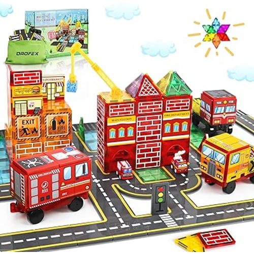 Drofex Magnetic Tiles Road Set with Fire Truck Magnetic Crane, Creative Construction Toys for Kids Ages 3-12, Boys & Girls, Fire Rescue Station and Engineering Themed Magnetic Building Blocks