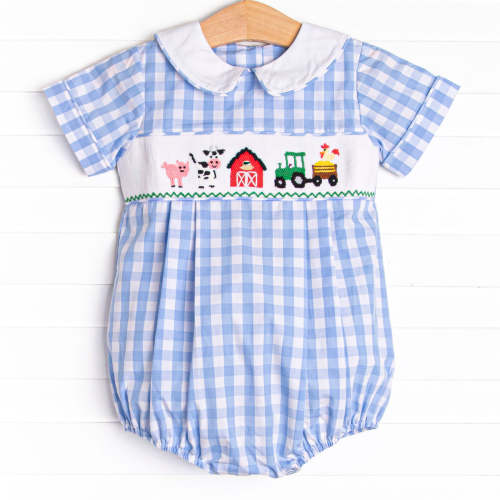 Fun at the Farm Smocked Bubble, Blue Check
–
Stitchy Fish