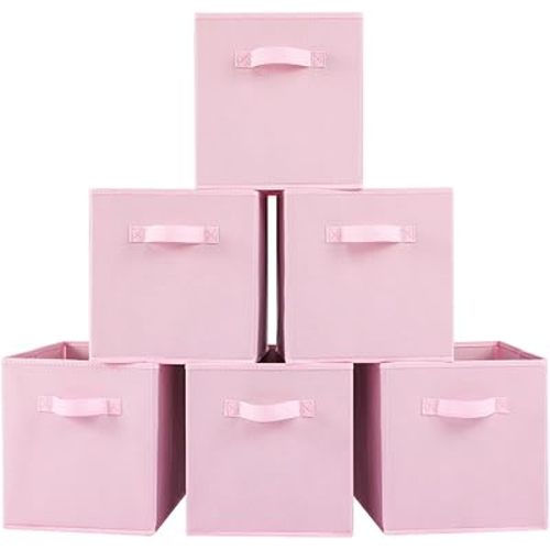 Stero Fabric Storage Bins 6 Pack Fun Colored Durable Storage Cubes with Handles Foldable Cube Baskets for Home, Kids Room, Closet and Toys Organization Pink