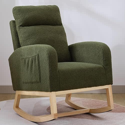 Nursery Rocking Chair with Solid Wood Legs, Glider Chair for Nursery with Side Pocket, Rocker Armchair for Living Room Bedroom (Dark Green, Teddy Fabric)
