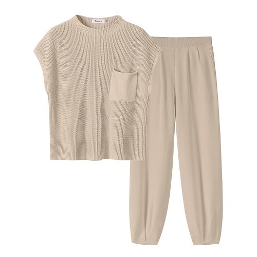 ANRABESS Women's Two Piece Outfits Knit Sweater Vest Crop Top Pants Lounge Matching Tracksuit Sweatsuit Travel Clothes Sets