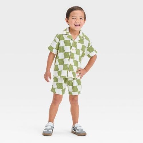 Grayson Mini Toddler Boys' Wavy Check Printed Thermal Knit Shirt And Shorts Set - Green 3T