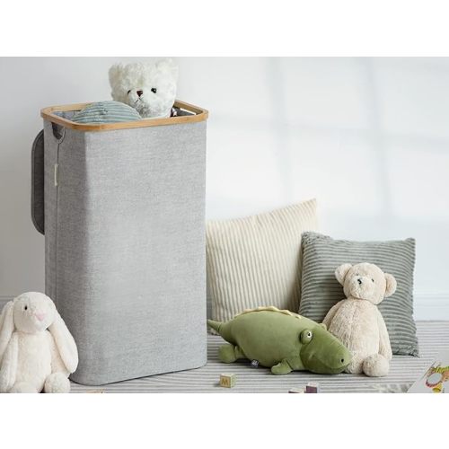 StorageWorks Large Laundry Hamper with Lid, 100L Tall Laundry Basket with Bamboo Handles and 2 Removable Inner Bag, Collapsible Laundry Hamper for Clothing, Toys, Towels, Grey, 1-Pack