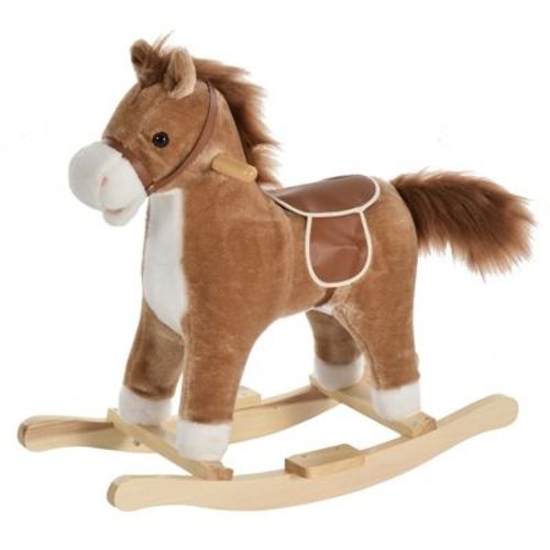 Qaba Rocking Horse Plush Animal on Wooden Rockers with Sounds, Wooden Base, Baby Rocking Chair for 36-72 Months, Brown