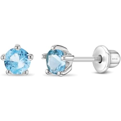 925 Sterling Silver Hypoallergenic 4mm Solitaire Simulated Birthstone Earrings for Girls - Round Simulated Birthstone Kids Earrings Cubic Zirconia for Toddlers - CZ Safety Back Earrings