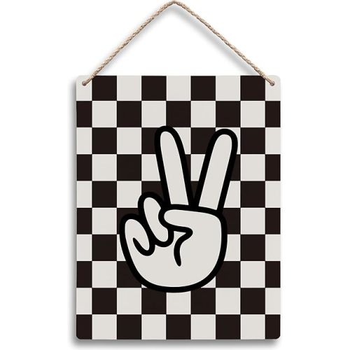 FUGWN Black and White Checkered Peace Sign Hanging Wooden Signs 8x10, Black Preppy Checkerboard Decor for Home Girls Boys Room Dorm, Preppy Checkered Home Decor Gifts for Teen Girls Boys Women