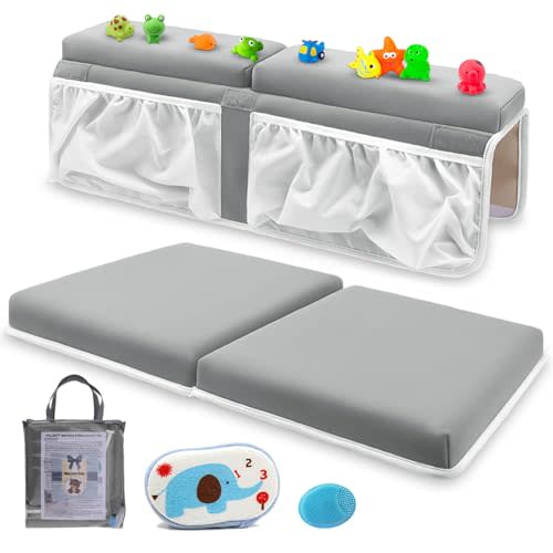 Bath Kneeler and Elbow Rest Pad Set for Baby Bathtub, Thick Non-Slip Bathing Kneeling Mat Cushion Quick Drying Bathtub Knee Saver with Arm Support and Pockets for Bathroom Bathing time Comfort, Gray