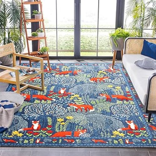 Cute Woodland Forest Living Room Rug Vibrant Blue Botanical Floral 6x9 Area Rug Washable, Whimsical Nature Animals Kids Rug Boho Vintage Aesthetic Carpet for Nursery Dining Room Entryway Bedroom