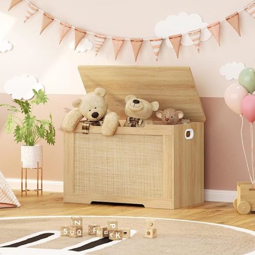 usikey 29.5” Storage Chest, Storage Bench with Storage, Toy Box with 2 Safety Hinges, Toy Chest for Bedroom, Shoe Bench, Supports 220 lb, for Living Room, Entryway, Natural