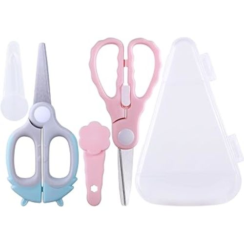 Baby Food Scissors Kicthen Shears -2-Pack Portable Healthy Cute Kids Scissors with Safety Lock and Storage Case - Ideal for Cutting Meat, Chicken, Vegetables, and Fruits (Pink&Bee Blue)