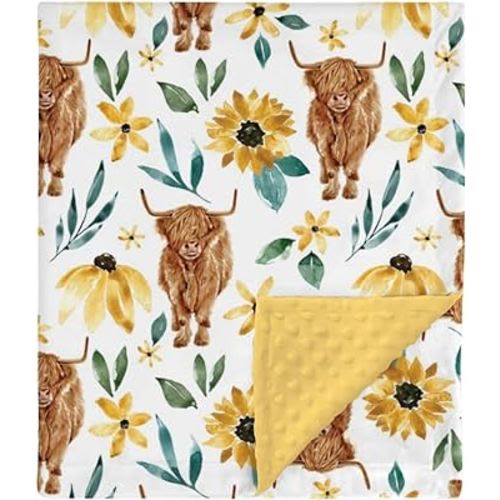 Highland Cow Sunflower Minky Baby Blanket Dotted Backing Girl Gift, Yellow Western Farm Animal Floral Double Layer Flannel Nursery Bed Blankets, Soft Plush Newborn Infant Toddler Crib Bedding 30 x 40