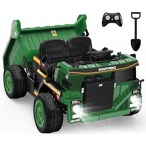 ANPABO 24V Ride On Dump Truck, 2X75W Powerful Motors, Up to 4.4Mph, EVA Tires, Construction Vehicle w/Electric Dump Bed and Extra Shovel, 19" Spacious Seat, Kids Car w/Parent Remote -DarkGreen