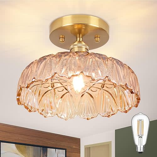Hallway Lights Fixture Ceiling,Amber Semi Flush Mount Ceiling Lights,9.4" Flower Light E26 Contains one 3000K Bulb Vintage Light Fixtures for Closet Hallway Kitchen Dining Room