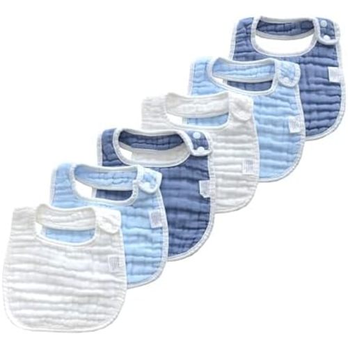 MUKIN Baby Muslin Bibs and Burp Cloths, 6 Pack, Soft Absorbent Cotton, Adjustable