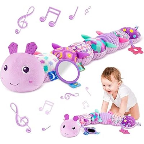 Sumobaby Infant Baby Musical Stuffed Animal Activity Soft Toys with Multi-Sensory Crinkle, Rattle and Textures, for Tummy Time 0-3-6-12 Months Girls, Caterpillar, Purple with Mirrow