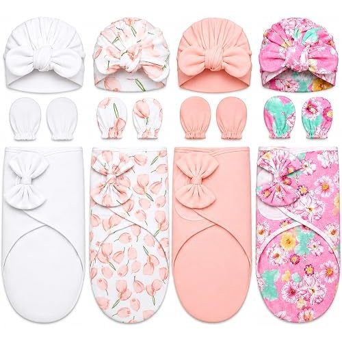 Ramede 4 Pack Baby Swaddle Blanket 0-3 Months with Hats and Mittens Set, Soft Cotton Newborn Swaddles for Boys Girls, Adjustable Infant Sack, Gifts for Baby Shower(0-3 Months,Floral Style)