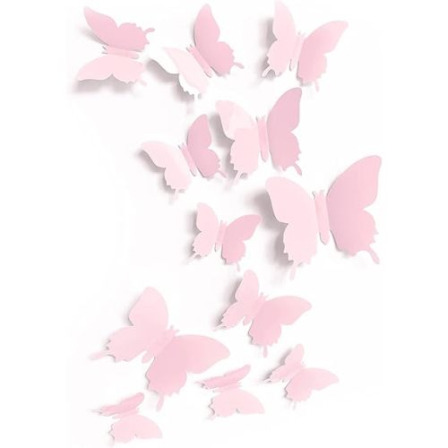 Cute Pink Butterfly Wall Decor 24 pcs, Girls Room Wall Decals, Danish Pastel Aesthetic Butterflies Stickers for Nursery Decorations, Baby Toddler Room Decor for Girls