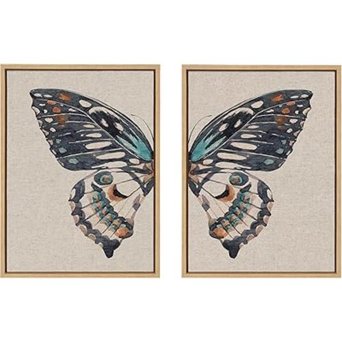 Kate and Laurel Sylvie Boho Butterfly Watercolor Diptych Neutral Linen Framed Canvas Wall Art Set by The Creative Bunch Studio; 2 Piece 18x24 Natural; Soft Animal Art for Wall