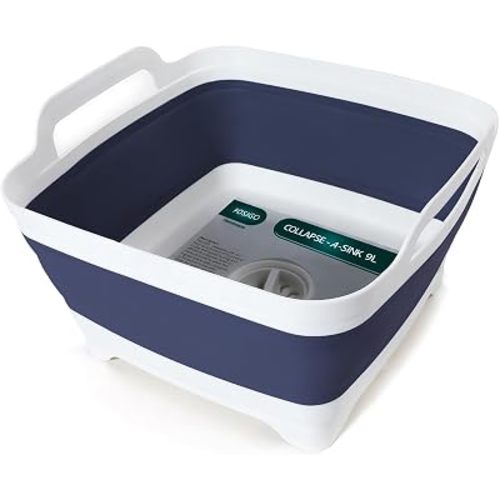 FOSJGO Collapsible Dish Basin with Drain Plug, 2.4 Gal (9L) Space-Saving Foldable Sink, Wash Basin for Kitchen, Baby Bottles, Vegetable Washing, Camping, RV and Party Beverage Tubs (Navy blue)