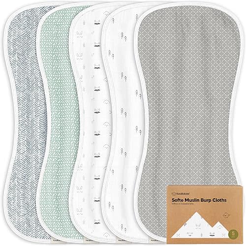 5-Pack Muslin Burp Cloths Baby Boy, Girl - Very Absorbent Baby Burp Cloth Rags, 8-Layers Viscose Derived from Bamboo Cotton Muslin Towel, Super Soft Spit Up Rags, No Shrink Washcloths (Nordic)