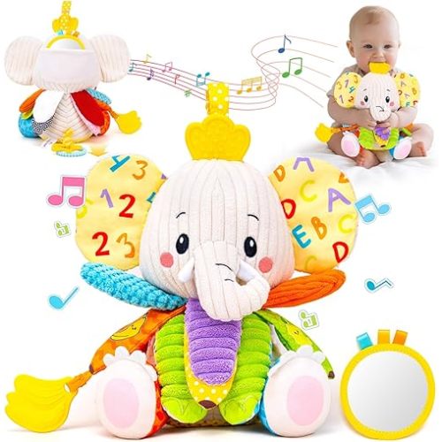 Baby Toys 3-6 Months, Musical Stuffed Elephant Toddler Toy for Newborn Infant 3 6 9 12 Months, Tummy Time Toys Montessori Sensory Toys 0-6 6-12 Months, Crinkle Paper, Mirror Soothing Music Shower Gift