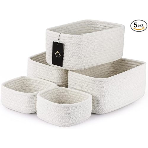 5-Pack Small Woven Rope Storage Baskets – 2 Sizes Organizer Bins for Closet, Shelf, Bookshelf, Nursery, Changing Table, Fabric Cube Boxes, Rectangular Shallow Bins for Bathroom, Toy & Home