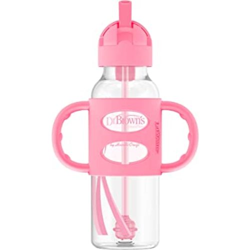 Dr. Brown's Milestones Narrow Sippy Straw Bottle, Spill-Proof with 100% Silicone Handles and Weighted Straw, 8 oz/250 mL, Pink, 6m+
