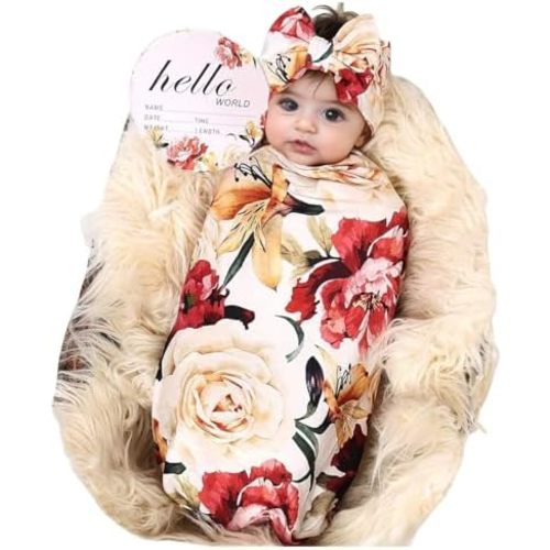 Galabloomer Newborn Receiving Blanket Headband Set Baby Flower Swaddle
