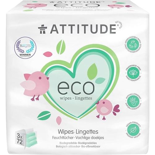 ATTITUDE Biodegradable Baby Wipes, Plant Based Unscented Diaper Wipes for Babies and Newborn, Dermatologically Tested, Vegan, 72 Count (Pack of 3)
