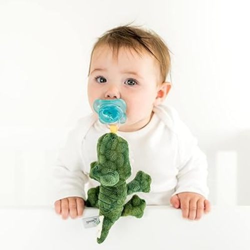 PaciBuddy Crocodile Pacifier Holder - Plush Toy with Detachable Pacifier & Universal Adapter, Gender Neutral Baby Gift for 0+ Months - Infant Plush Baby Toy, Versatile Baby Essentials, Binky