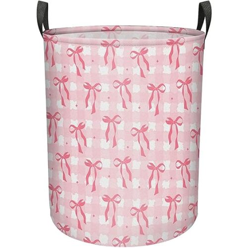 Pink Checkered Bow Large Laundry Basket Foldable with Handles Waterproof Oxford Cloth Laundry Hamper Clothes Storage Bucket Toy Organizer for Home Bathroom Bedroom Dorm Nursery 19.7" X 15.7"