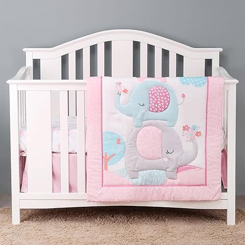 YCDTMY 3 Piece Baby Crib Bedding Set for Girls, Baby Bedding Includes Comforter, Fitted Sheet, Skirt, Newborn Infant & Toddler Standard Size Bed Set, Pink Elephant