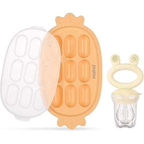 Haakaa Baby Fruit Food Feeder & Silicone Freezer Nibble Tray Combo - Breastmilk Popsicle Mold for Baby Cooling Relief, BPA Free Baby Mesh Food Feeder for Infant Self Feeding - Marigold