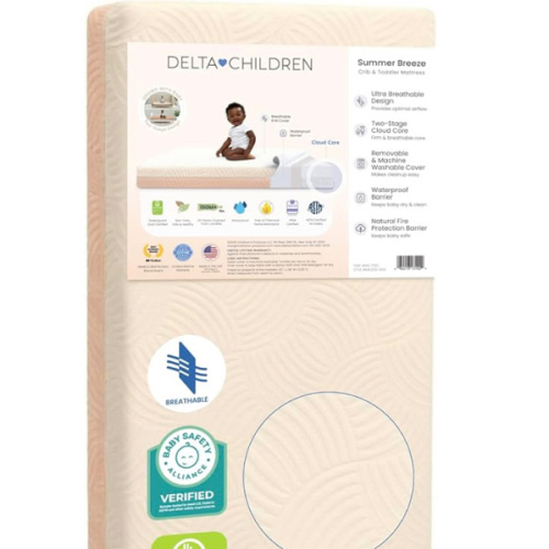 Delta Children Summer Breeze Mattress - Breathable Baby Crib & Toddler Mattress with Cloud Core - Machine Washable Cover - GREENGUARD Gold – Waterproof - Sustainably Sourced Core, Apricot/White