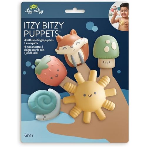 Itzy Ritzy Finger Puppet Bath Toy Set– 5-Piece Set Includes 4 Soft Finger Puppets & 1 Water-Squirting Bath Toy – Fun Characters Offer Interactive & Imaginative Play – for 6 Months and Up - Multicolor