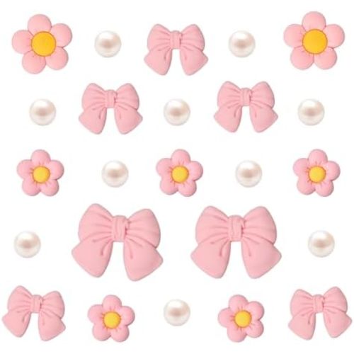 Resin Pink Bow Shoe Charms for Girls, 24Pcs Cute Flower Accessories for Clog Sandals, Pearl Decoration for Women, DIY Party Favor