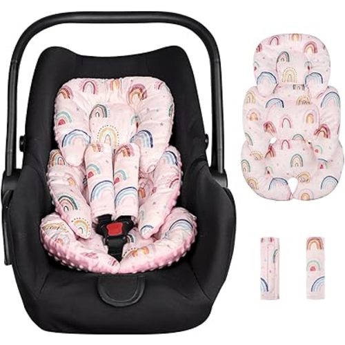 Infant Car Seat Insert Cushion, Super Soft Baby Car Seat Head Support & 2 Straps Pads, Reversible Preemie Newborn Carseat Insert, Fit Car Seat, Stroller, Infant Bouncer, Pink Rainbow
