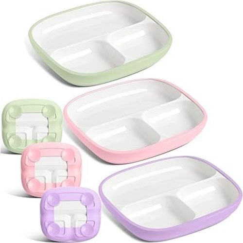 Domensi 3 Set Kids Porcelain Plates with Upgrade Anti-Slip Silicone Sleeves 8.3 Inch Toddler Divided Porcelain Plate Suction Dishes for Baby Eating Microwave Dishwasher Safe (Vivid Color)