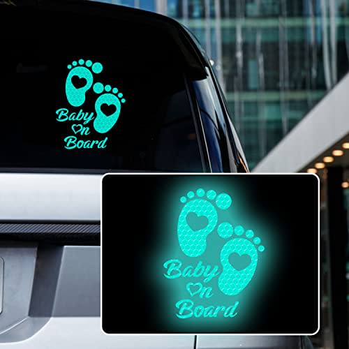 Iprokiu High Intensity Reflective Baby on Board Car Sticker Waterproof Cute Footprint Baby in Car Decal Safety Warning Sign Kids on Board Decal for Car Bumper Window (Mint Green)