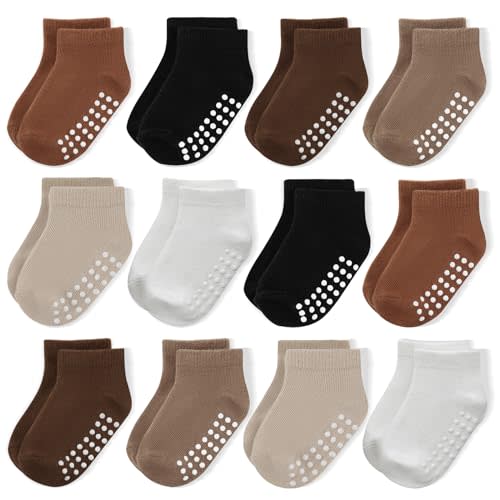 JAKIDAR 12-Pair Baby Socks Non-Slip Cotton Toddler Socks Ankle Socks for Baby Toddler Kids