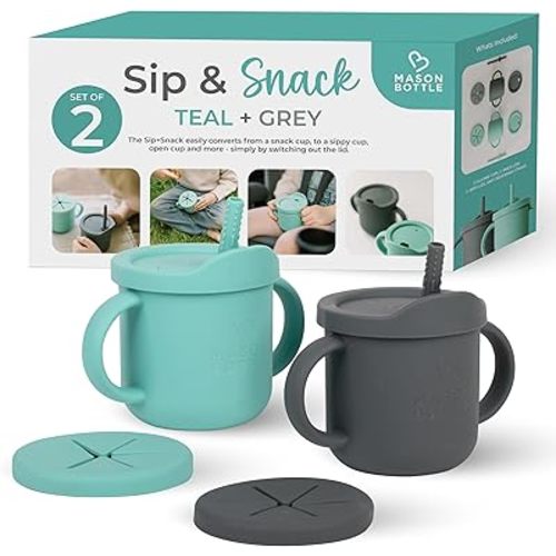 Mason Bottle Baby Training Cups (2-Pack) - Silicone Baby Cup with Straw - Snack Cups for Toddlers Spill Proof w/Lid & Handle - Dishwasher-Safe, BPA-Free, Non-Toxic Silicone Sippy Cups