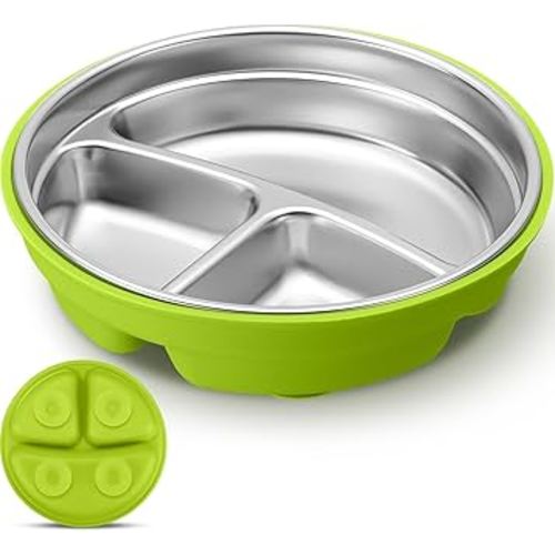 Nuogo 1 Pcs Stainless Steel Baby Suction Plates with Removable Silicone Shell 2-in-1 Metal Toddler Bowl Divided for Picky Eaters Kid Feeding Led Weaning Supply, Dishwasher Safe (Green)