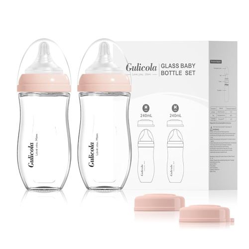 Natural Glass Baby Bottle for Breastfed Babies, Anti-Colic Baby Bottle Set with Medium Flow Nipple, 3 Months +, 8 oz, 2 Pack - Pink