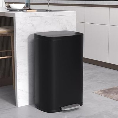 50 Liter / 13 Gallon Kitchen Trash Can with Lid, Stainless Steel Foot Pedal and Plastic Inner Bucket, Fingerprint-Resistant Soft Close Lid Garbage Can, Odor Proof Hygienic, Black, Gallom