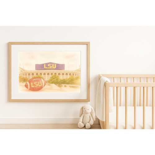 LSU Nursery Wall Art - Tiger Stadium Watercolor Digital Print - LSU Football Baby Room Decor - Instant Download