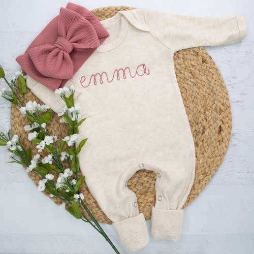 Personalized oatmeal and mauve vintage stitch girl romper with headband, Newborn outfit, Embroidered coming home outfit, baby shower gift