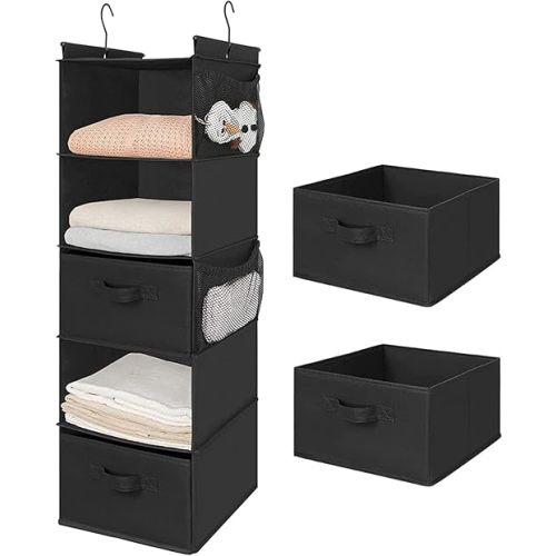 MAX Houser 5 Tier Shelf Hanging Closet Organizer, Cloth Hanging Shelf with 2 Sturdy Hooks for Storage, Foldable (Black-D2)
