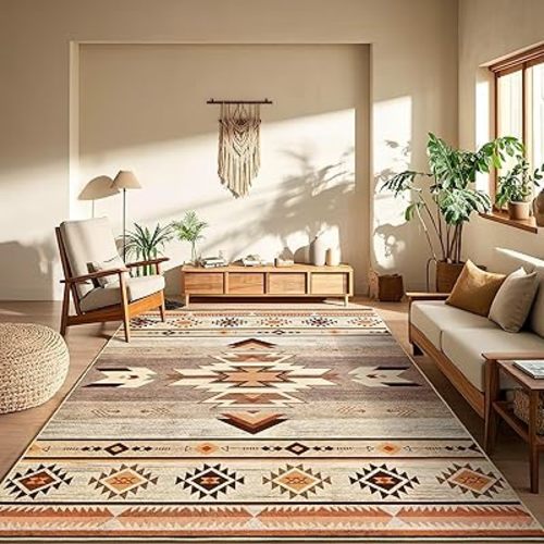 Western Rugs for Living Room, Non Slip Rustic Rug for Bedroom Dining Table Kitchen, Washable Aesthetic Area Rugs for Home Decor, 4ft x 6ft, Warm Beige