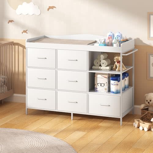 St.Mandyu Baby Changing Table with 7 Fabric Drawers and 2 Shelves, Changing Table Dresser with Side Towel Holder, Baby Classic Nursery Dresser, Diaper Changing Station with Storage for New Parents